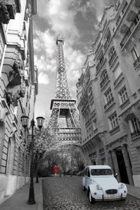 plakat PARIS - RED GIRL BLUE CAR