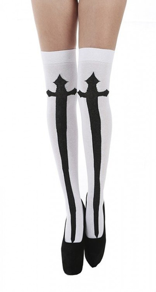 nadkolanówki WHITE SOCKS WITH BLACK CROSS białe