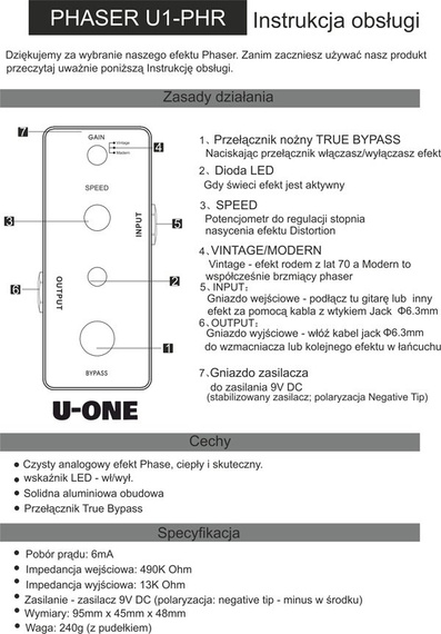 efekt gitarowy PHASER U-ONE U1-PHR