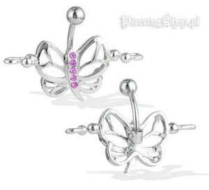 kolczyk do pępka MOTYL Z ZACZEPAMI różne kolory oczka RÓŻOWY [BST172]
