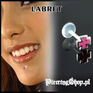 KOLCZYK DO BRODY LABRET(bioplast) KRZYŻ 2 kolor oczka RÓŻOWY [LA-151]