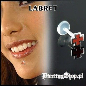 KOLCZYK DO BRODY LABRET(bioplast) KRZYŻ 2 kolor oczka CZERWONY [LA-151]
