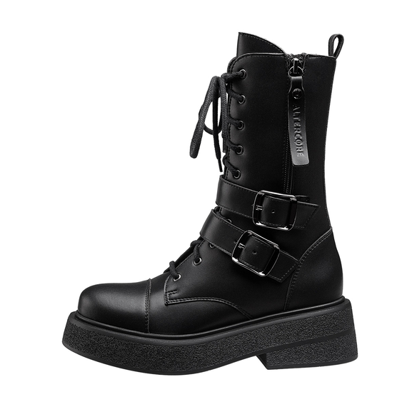 botki damskie ALTERCORE czarne 10-dziurkowe z klamrami (RILEY VEGAN BLACK)