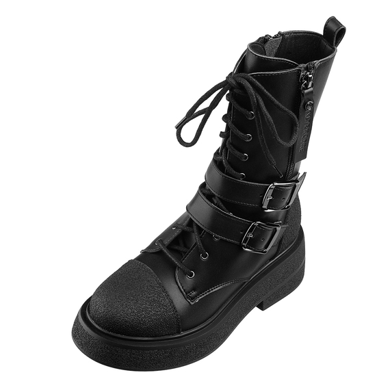 botki damskie ALTERCORE czarne 10-dziurkowe z klamrami (RILEY VEGAN RUGGED BLACK)