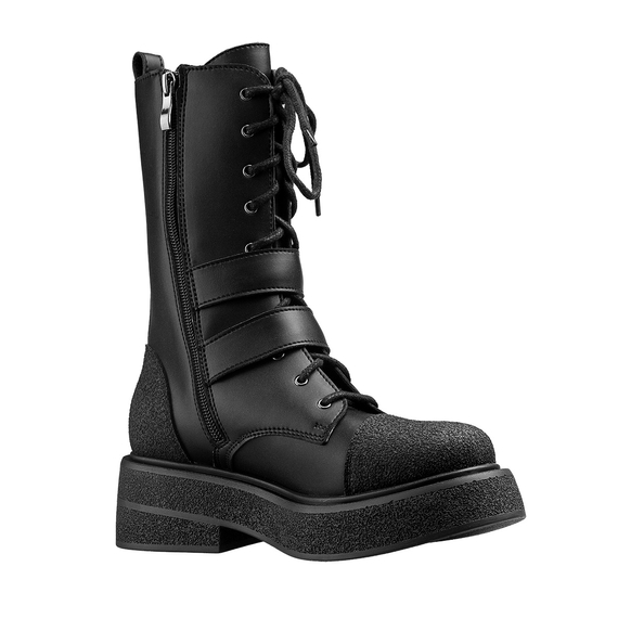 botki damskie ALTERCORE czarne 10-dziurkowe z klamrami (RILEY VEGAN RUGGED BLACK)