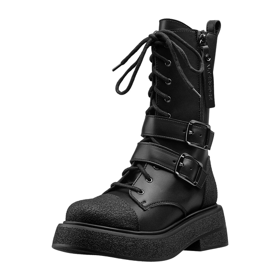 botki damskie ALTERCORE czarne 10-dziurkowe z klamrami (RILEY VEGAN RUGGED BLACK)