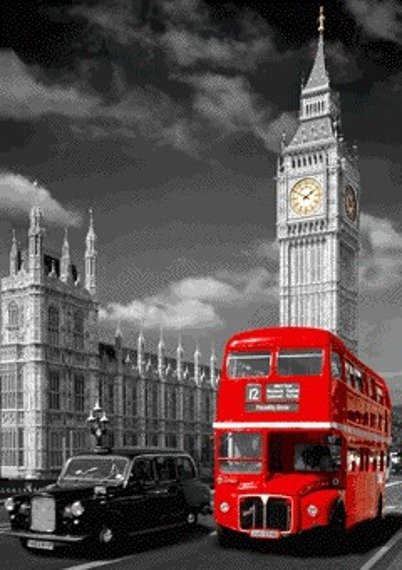 plakat 3D LONDON - BIG BEN, BUS AND TAXI